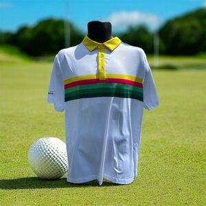 Coby Stevens Men's White Polo Shirt with Yellow Collar and Stripes Sz Medium
